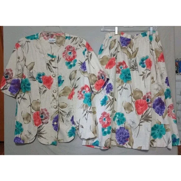 Vtg 80s Good Times Suit Sz 16 2Pc Set Blazer Jacket Floral Skirt USA Grannycore - Picture 1 of 7